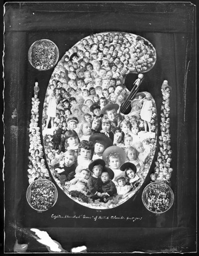 1884; ¡Dieciocho Cientos Gemas de Columbia Británica te saludan!; foto compuesta hecha de retratos de niños tomados el año anterior, 1885 (foto en blanco y negro) de Hannah Maynard