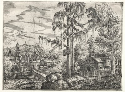 Paisaje con la ciudad en un río y la cabaña entre árboles de Hanns Lautensack