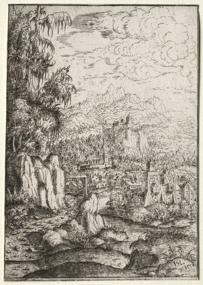 Paisaje con un camino a un castillo en una isla en un río de Hanns Sebald Lautensack