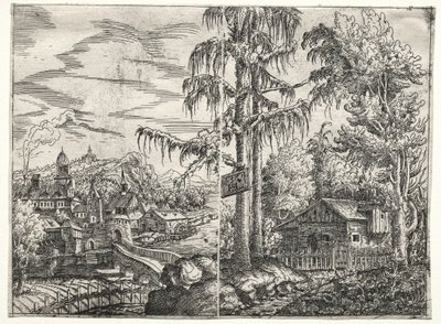Paisaje con la ciudad en un río y la cabaña entre árboles, 1551 de Hanns Sebald Lautensack