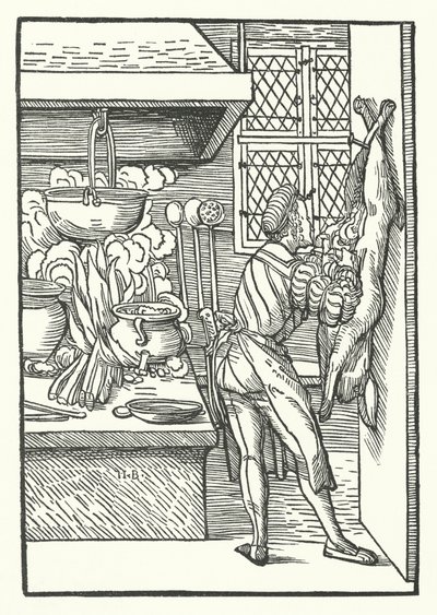 Un cocinero desollando una liebre de Hans (after) Burgkmair