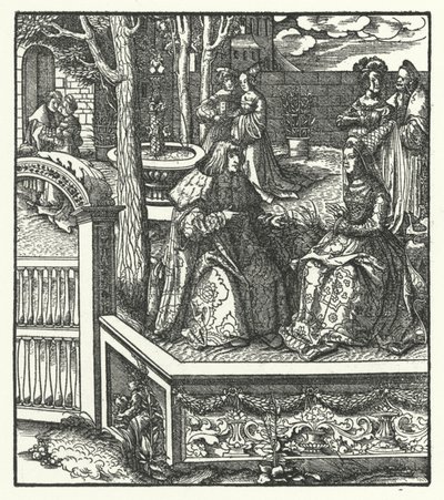 El archiduque Maximiliano de Austria y su esposa, María de Borgoña, enseñándose mutuamente sus respectivos idiomas de Hans (after) Burgkmair