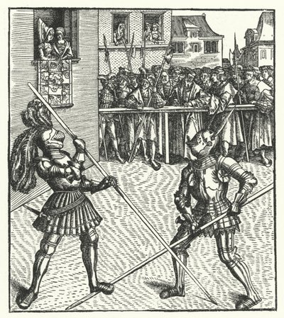 El Archiduque Maximiliano de Austria luchando a pie con una lanza de Hans (after) Burgkmair