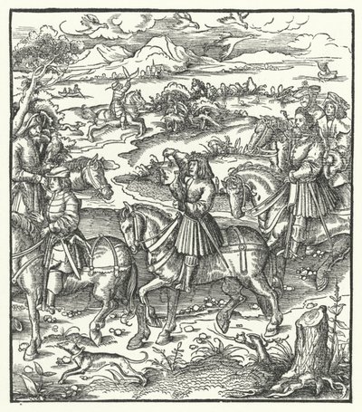 Archiduque Maximiliano de Austria cazando garzas (grabado) de Hans (after) Burgkmair