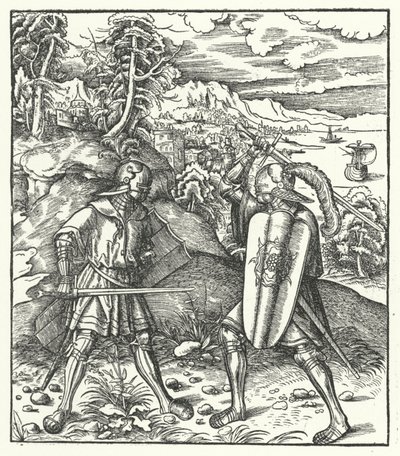 El Archiduque Maximiliano de Austria en armadura luchando con una espada de Hans (after) Burgkmair