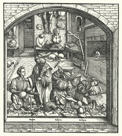 El Archiduque Maximiliano de Austria visitando a un armero de Hans (after) Burgkmair