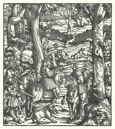 Maximiliano I, Rey de los Romanos, recibiendo un mensaje mientras caza de Hans (after) Burgkmair