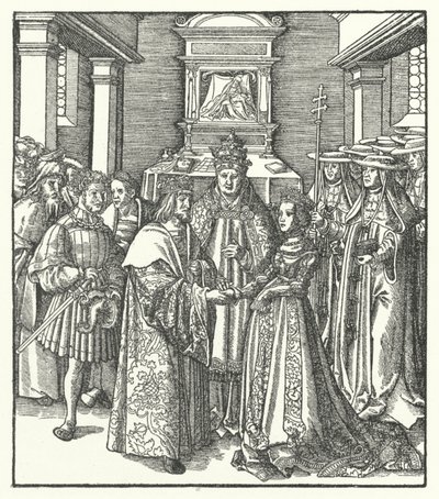 El Papa Nicolás V presidiendo el matrimonio del emperador del Sacro Imperio Romano Federico III y Leonor de Portugal en Roma de Hans (after) Burgkmair