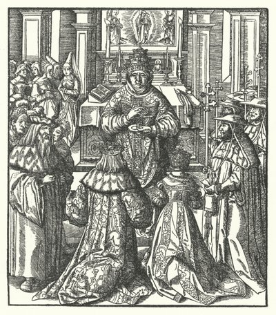 El emperador del Sacro Imperio Romano Federico III y la emperatriz Leonor recibiendo la Sagrada Comunión del Papa de Hans (after) Burgkmair