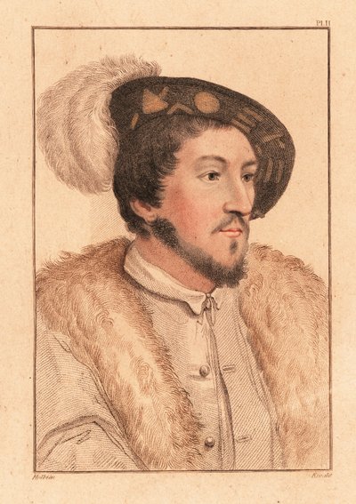 Retrato de un desconocido, corte del rey Enrique VIII, c. 1532. ,1812 (grabado) de Hans (after) Holbein the Younger