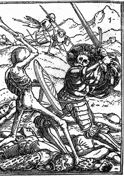 La muerte simulada de Hans Holbein el Joven (1497-1543): el soldado. Un soldado lucha contra la Muerte; a sus pies yacen los cuerpos de otros guerreros. Grabado de Hans (after) Holbein the Younger
