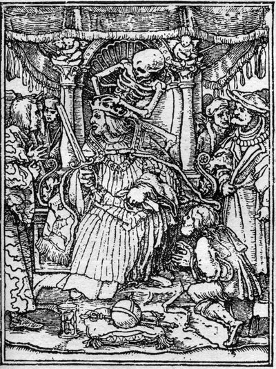 Las simulaciones de la muerte de Hans Holbein el Joven (1497-1543): el emperador. Mientras la Muerte le quita la corona al emperador, un campesino le ruega justicia. Grabado de Hans (after) Holbein the Younger