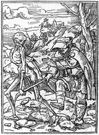 Las simulaciones de la muerte de Hans Holbein el Joven (1497-1543): el ciego. La muerte agarra el bastón del ciego y actúa como guía. Grabado de Hans (after) Holbein the Younger