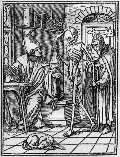 Las simulaciones de la muerte de Hans Holbein el Joven (1497-1543): el doctor. La Muerte se interpone entre el doctor y su paciente. Grabado de Hans (after) Holbein the Younger