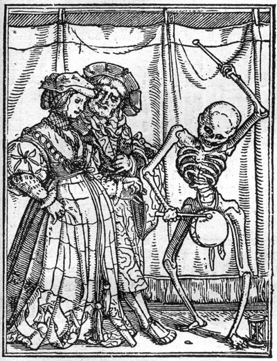 Los simulacros de la muerte de Hans Holbein el Joven (1497-1543): los esposos. La muerte toca el tambor frente a una pareja. Grabado de Hans (after) Holbein the Younger