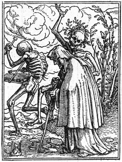 Los simulacros de la muerte de Hans Holbein el Joven (1497-1543): la anciana. La muerte acompaña a una anciana a su destino. Grabado de Hans (after) Holbein the Younger