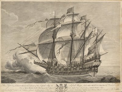 Este grabado es la representación exacta de la nave capital Gran Harry, construida en los astilleros de Su Majestad en Woolwich durante el reinado de Enrique VIII, año 1514... de Hans (after) Holbein the Younger