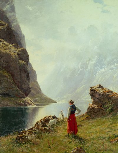 Una niña con cabras junto a un fiordo (óleo sobre lienzo) de Hans Andreas Dahl