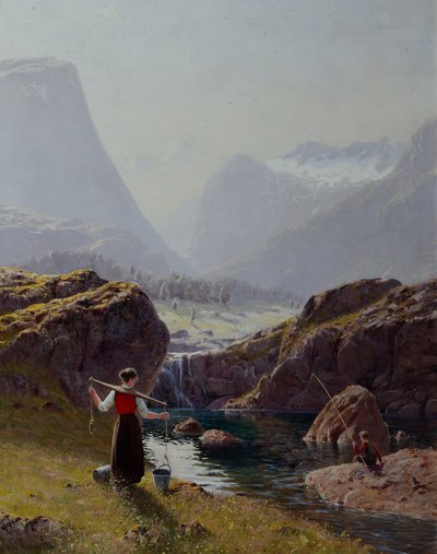 Niña con baldes de agua y niño pescando (óleo sobre lienzo) de Hans Andreas Dahl