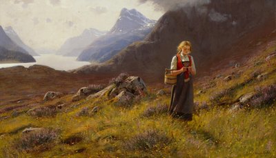Lechera tejiendo (óleo sobre lienzo) de Hans Andreas Dahl