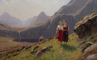 Three Girls by the Mountain Lake en el oeste de Noruega (óleo sobre lienzo) de Hans Andreas Dahl
