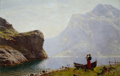 Mujer y niño junto al fiordo (óleo sobre lienzo) de Hans Andreas Dahl