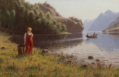 Mujer en paisaje de fiordos (óleo sobre lienzo) de Hans Andreas Dahl