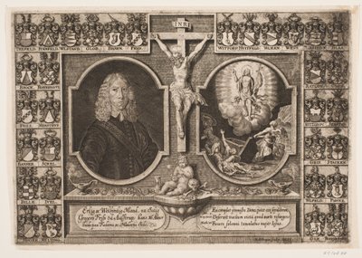 Gregers Friis til Ålstrup y Cristo en la cruz y la resurrección de Cristo. Rodeado de escudos de armas de Hans Andreas Greys