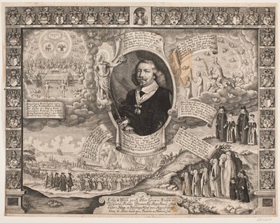 Gregers Krabbe de Torstedlund rodeado de representaciones alegóricas y escudos de armas de Hans Andreas Greys