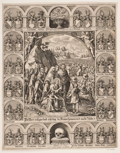 Cristo alimentando a los 5000. Rodeado de los escudos de armas de Jørgen Vind de Hans Andreas Greys