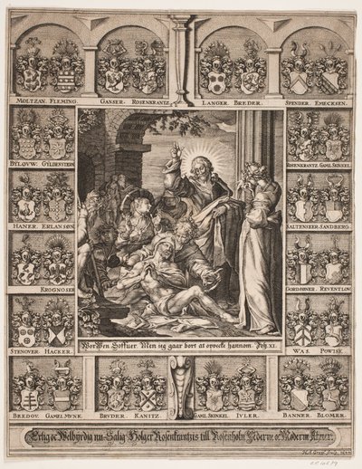 La resurrección de Lázaro. Rodeado de los escudos de armas de Holger Rosenkrantz de Hans Andreas Greys