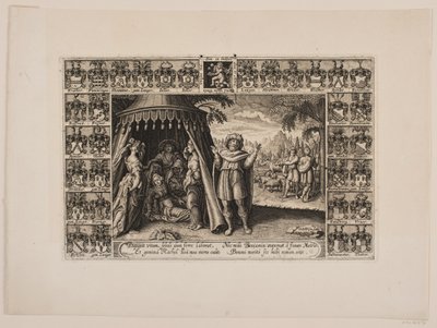 Portada del sermón fúnebre con representación de Raquel muriendo al dar a luz a Benjamín. Rodeado de escudos de armas de Hans Andreas Greys