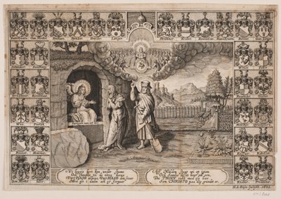 Portada para sermón fúnebre sobre Ida Langs con representación de Cristo como jardinero y María Magdalena de Hans Andreas Greys