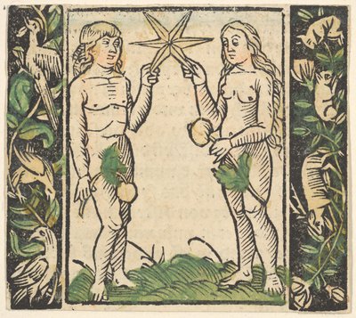 Adán y Eva Sosteniendo una Estrella, ilustración de Beschlossen Gart des Rosenkranz Mariae de Hans Baldung