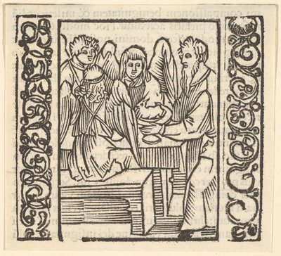 Ángeles servidos en una mesa, ilustración de Speculum Passionis de Hans Baldung
