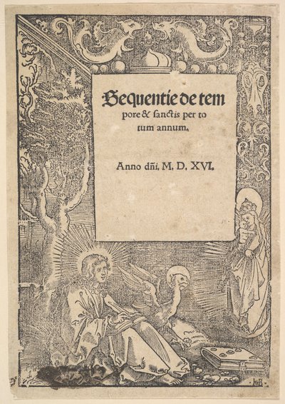 San Juan Evangelista en Patmos, página de título de Hymni de tempore et de sanctis, 1516 de Hans Baldung