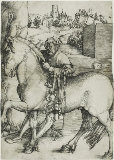 Un mozo ensillando un caballo de Hans Baldung Grien