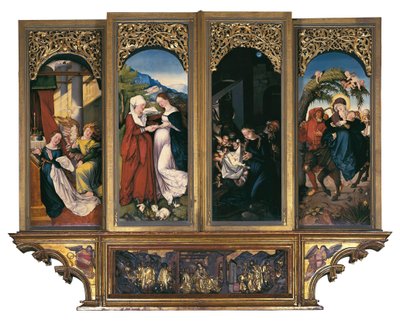 Escenas de la vida de la Virgen: la Anunciación, la Visitación, la Natividad y la Huida a Egipto. Pintura sobre madera de Hans Baldung dit Grien (1485-1544) Altar de la Catedral de Nuestra Señora de Friburgo, Friburgo de Brisgovia, Alemania de Hans Baldung Grien