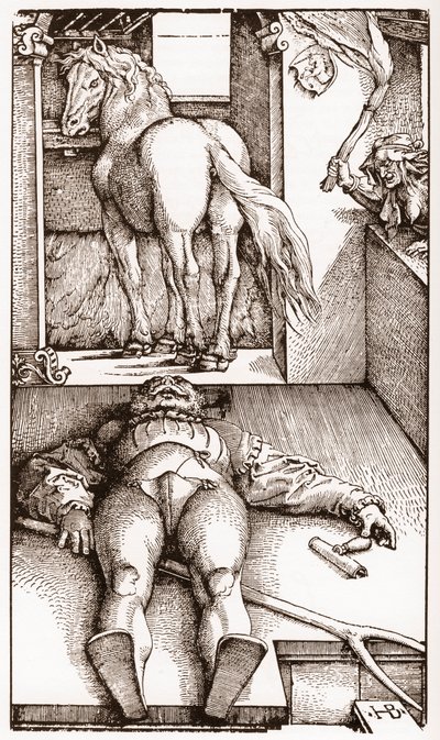 El palafrenero embrujado - (Palafrenero Durmiente y Hechicera) grabado en madera por Hans Baldung Grien (1485-1544) circa 1544 de Hans Baldung Grien
