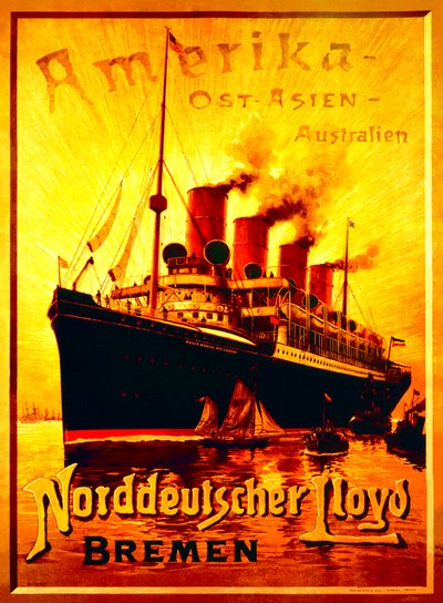 "América - Asia Oriental - Australia", cartel publicitario de la línea Lloyd de Alemania del Norte de Hans Bohrdt