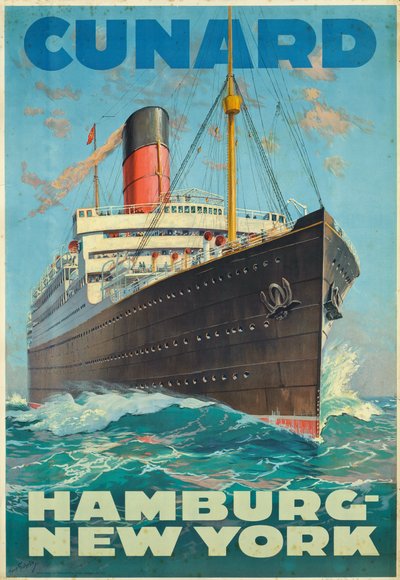 Cartel que anuncia un viaje entre Hamburgo y Nueva York con la compañía naviera Cunard (litografía en color) de Hans Bohrdt