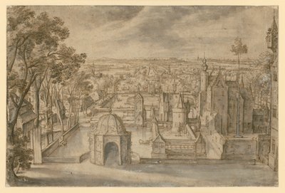 Un castillo con varias torres en un amplio paisaje llano entre estanques. Un pabellón de jardín redondo en el centro del primer plano. A la izquierda, una avenida de Hans Bol