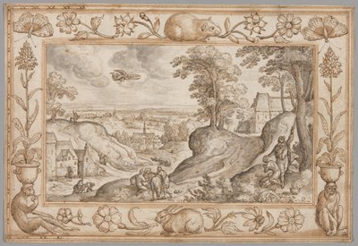 Paisaje con el sacrificio de Isaac dentro de un borde decorativo de plantas y animales de Hans Bol