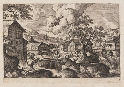 Lámina 1, de Paisajes con escenas del Antiguo y Nuevo Testamento y las Metamorfosis de Ovidio de Hans Bol