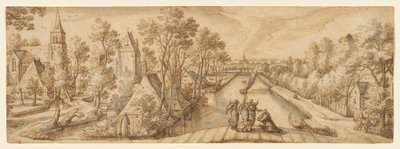 Vista de Delfgauw, con Abraham y los tres ángeles de Hans Bol