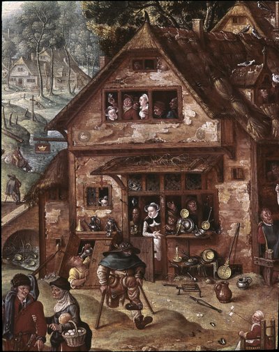 Vista del pueblo con escenas burlescas. Detalle de la taberna de Hans Bol