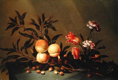 Bodegón de melocotones y flores de Hans Bollongier