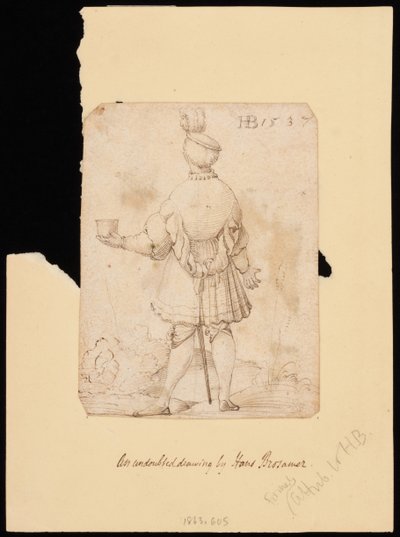 Hombre con sombrero de plumas visto desde atrás, sosteniendo una copa con la mano izquierda de Hans Brosamer