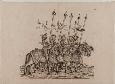 Triunfo del emperador Maximiliano I: Quincuagésimo primer tablero, participantes en la Rennen (justa o carrera ligera) de Hans Burgkmair