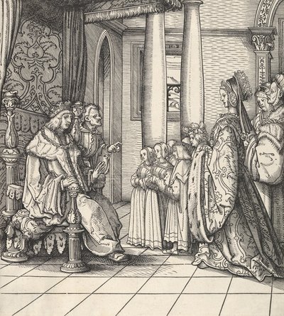 El Rey Blanco Recibiendo a su Hija Margarita y los Hijos del Rey Felipe, de Der Weisskunig, 1514-16 de Hans Burgkmair